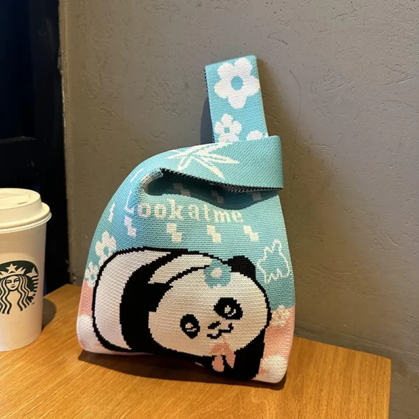 WPBGWB000120 Cute Panda with Flower Color-Blocked Woven Mini Tote Bag