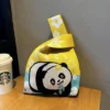 WPBGWB000119 Cute Panda with Flower Color-Blocked Woven Mini Tote Bag