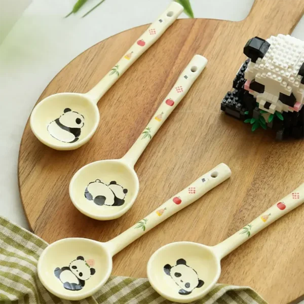 WPHHTW000209-0212-01 Cute Panda with Flowers Ceramic Spoon Long Handle Home Use
