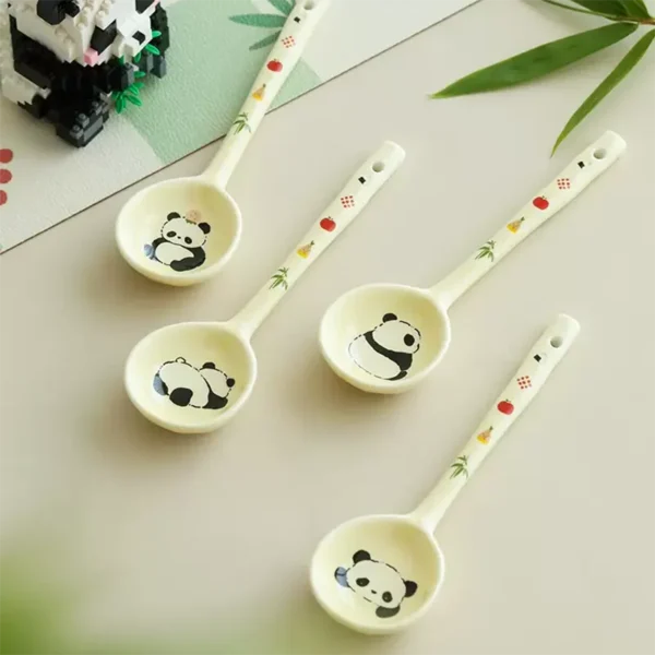 WPHHTW000209-0212-03 Cute Panda with Flowers Ceramic Spoon Long Handle Home Use
