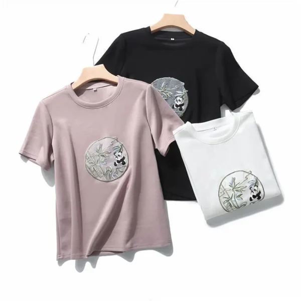 WPCTTS000618-0626-01 Embroidered Panda Holding Bamboo Women's T-Shirt