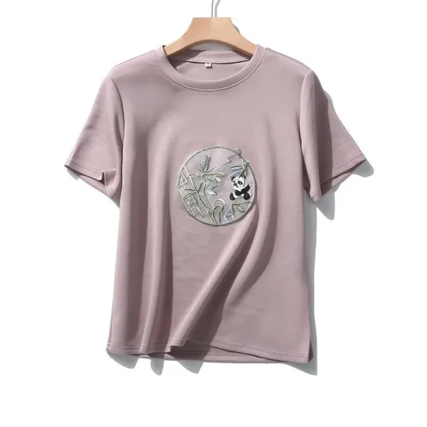 WPCTTS000624 Embroidered Panda Holding Bamboo Women's T-Shirt Pink