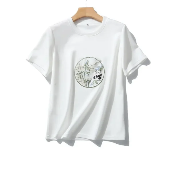 WPCTTS000621 Embroidered Panda Holding Bamboo Women's T-Shirt