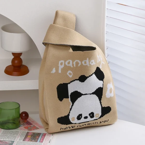 WPBGWB000109 Funny Handstand Panda Small Woven Tote Bag Khaki