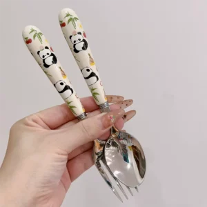 WPHHTW000213 Hand-Painted Panda Cozy Cute Stainless Steel Fork Spoon Set