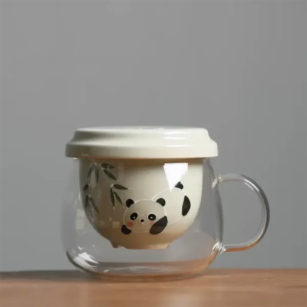 WPLSCPTC0047 Hand-Painted Panda Tea Cup Glass Mug with Ceramic Inner Filter