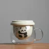 WPLSCPTC0048 Hand-Painted Panda Tea Cup Glass Mug with Ceramic Inner Filter