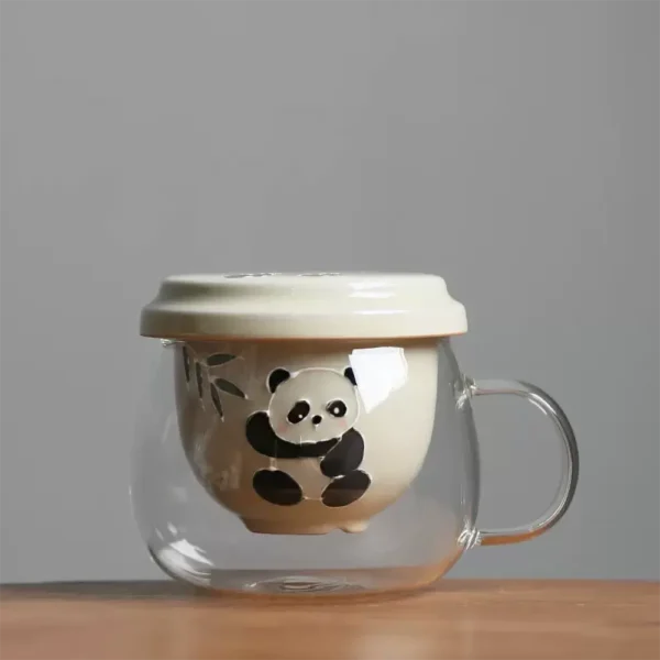 WPLSCPTC0048 Hand-Painted Panda Tea Cup Glass Mug with Ceramic Inner Filter