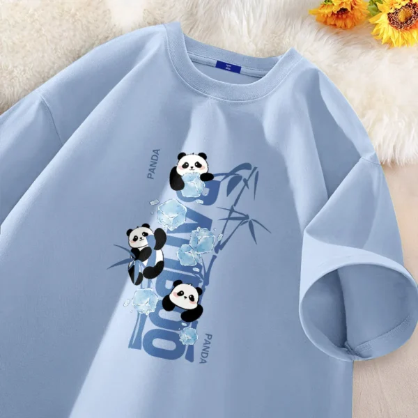 WPCTTS000558-02 Lake Blue Panda with Ice Summer Cotton Casual T-Shirt