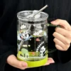 WPLSCPPC0078-0079-01 Large Capacity Cute Panda Pattern Glass Cup with Straw