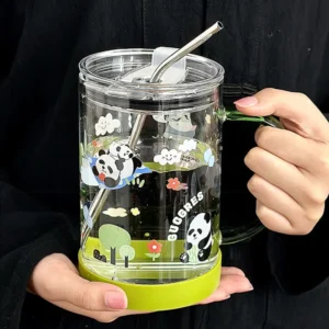 Large Capacity Cute Panda Pattern Glass Cup with Straw