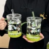 WPLSCPPC0078-0079-02 Large Capacity Cute Panda Pattern Glass Cup with Straw