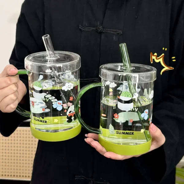 WPLSCPPC0078-0079-02 Large Capacity Cute Panda Pattern Glass Cup with Straw