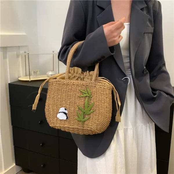 WPBGWB000156-0157-02 Panda Pattern Straw Woven Bag Country Style Tote Bag Handbag