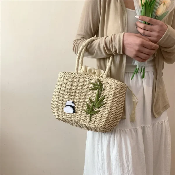 WPBGWB000156-0157-03 Panda Pattern Straw Woven Bag Country Style Tote Bag Handbag