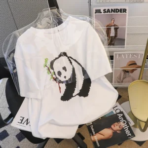 Pixel Panda Print Women's Short Sleeve T-Shirt Round Neck Top
