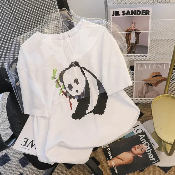 WPCTTS000687-0690-01 Pixel Panda Print Women's Short Sleeve T-Shirt Round Neck Top