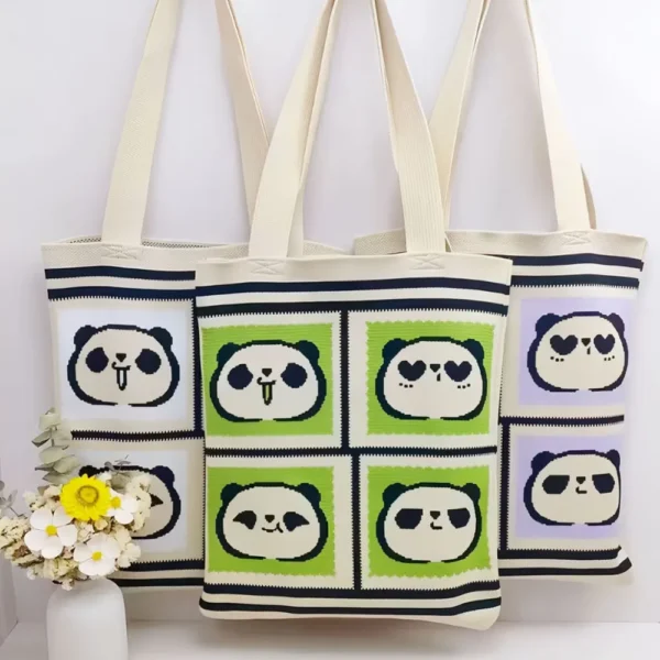 WPBGWB000135-0144-01 Playful Panda Expression Multicolor Woven Shoulder Tote Bag