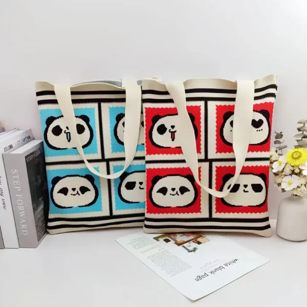 WPBGWB000135-0144-02 Playful Panda Expression Multicolor Woven Shoulder Tote Bag