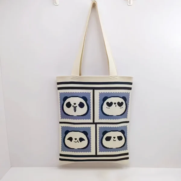 WPBGWB000138 Playful Panda Expression Multicolor Woven Shoulder Tote Bag Blue