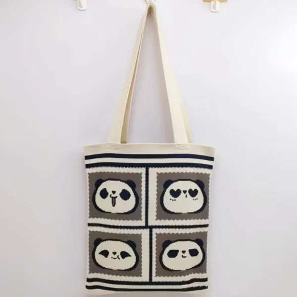 WPBGWB000141 Playful Panda Expression Multicolor Woven Shoulder Tote Bag Brown