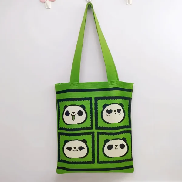 WPBGWB000140 Playful Panda Expression Multicolor Woven Shoulder Tote Bag Green