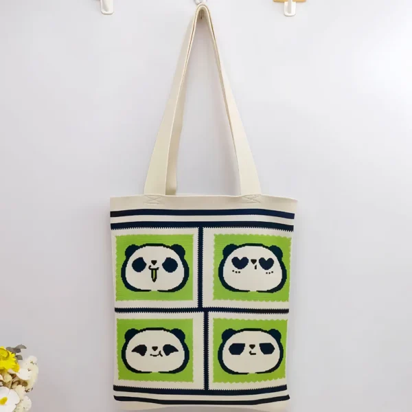 WPBGWB000135 Playful Panda Expression Multicolor Woven Shoulder Tote Bag