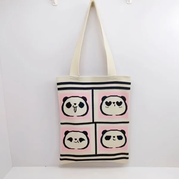 WPBGWB000143 Playful Panda Expression Multicolor Woven Shoulder Tote Bag Pink