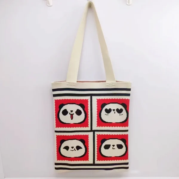 WPBGWB000139 Playful Panda Expression Multicolor Woven Shoulder Tote Bag Red
