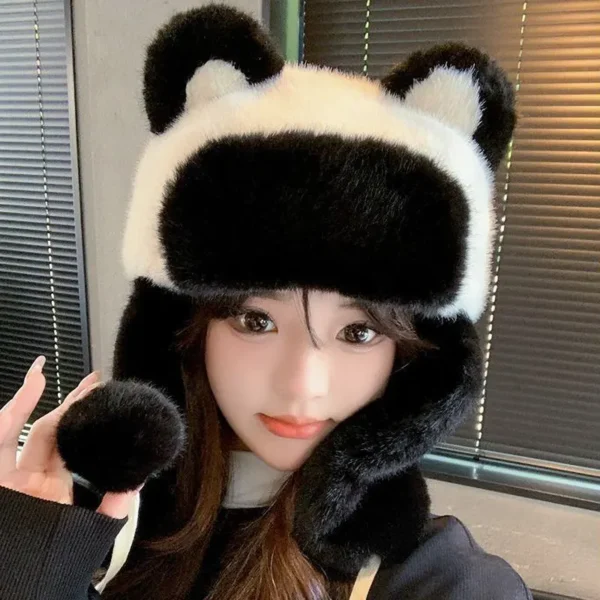 WPCTHAHW0135-0138 Plush Thickened Winter Panda Trapper Hat Outdoor Headwrap