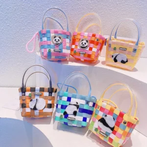 WPBGWB000128-0134 Rainbow Panda Series Woven Basket Handbag Cartoon Mini Tote