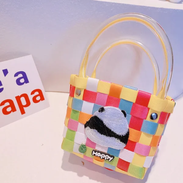 WPBGWB000133 Rainbow Panda Series Woven Basket Handbag Cartoon Mini Tote