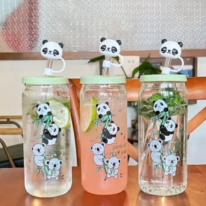 WPLSCPPC0066-01 Simple Panda Pattern Glass Water Cup with Straw