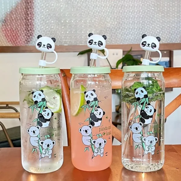 WPLSCPPC0066-01 Simple Panda Pattern Glass Water Cup with Straw