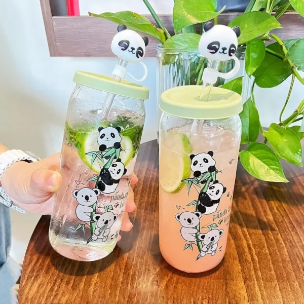 WPLSCPPC0066-02 Simple Panda Pattern Koala Glass Water Cup with Straw