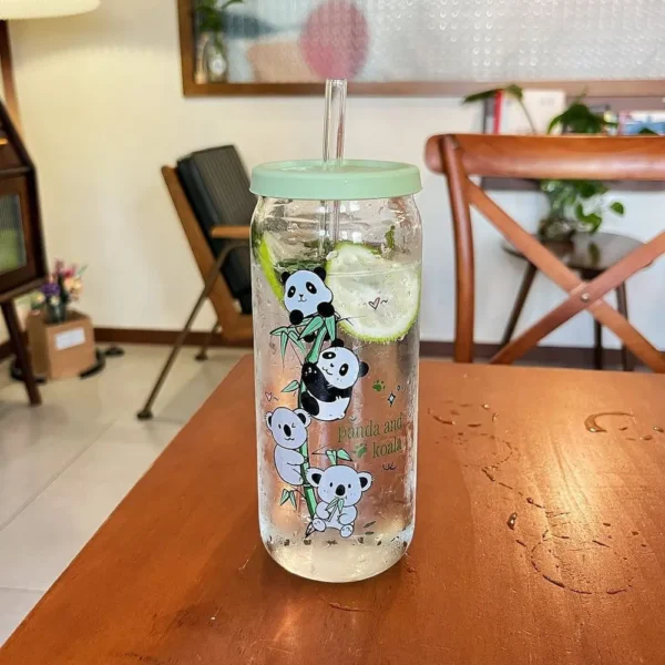 WPLSCPPC0066-03 Simple Panda Pattern Glass Water Cup with Straw