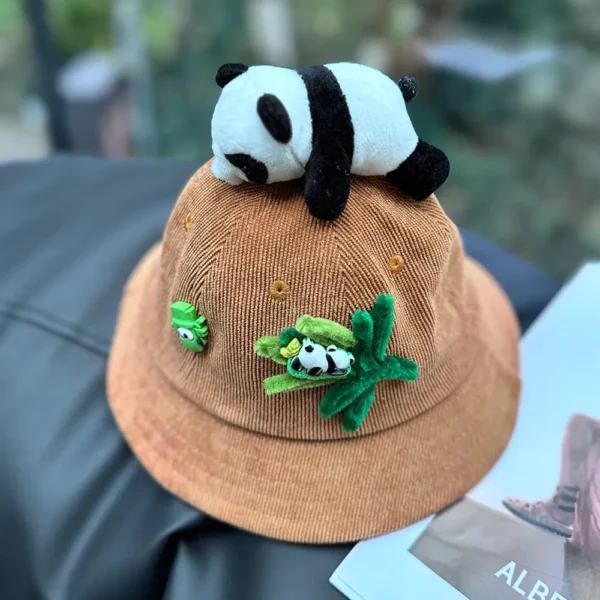 Trendy Style Cartoon Panda Corduroy Bucket Hat