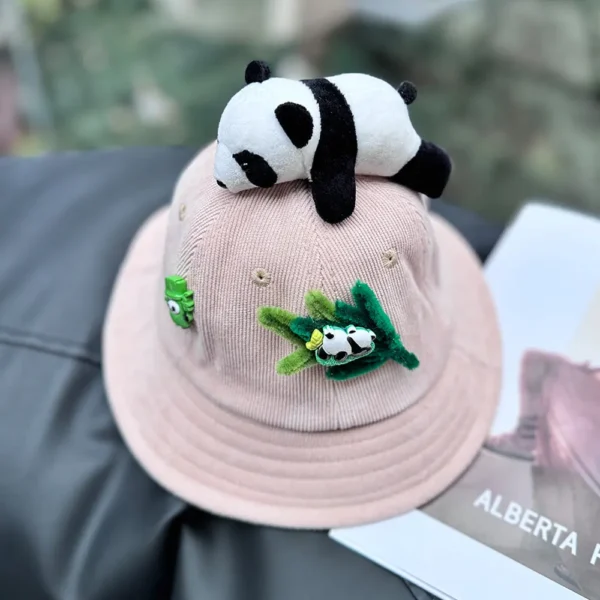 Trendy Style Cartoon Panda Corduroy Bucket Hat