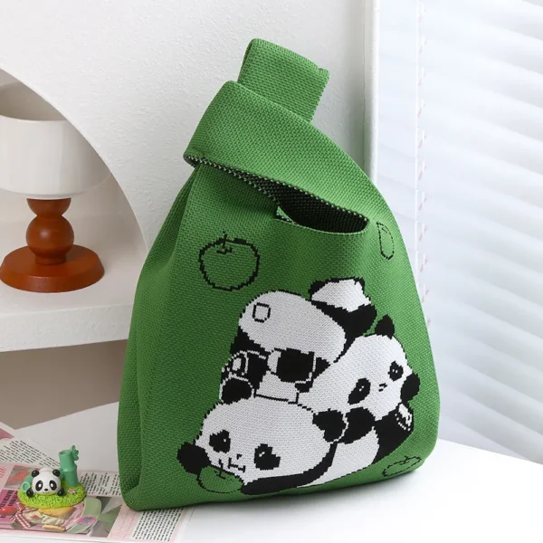 WPBGWB000093 Various Style Panda Pattern Small Woven Tote Bag Green