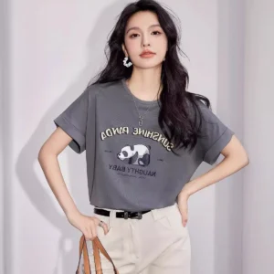Vintage Cute Panda Print Short Sleeve T-shirt for Women