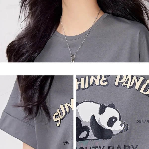 WPCTTS000665-04 Vintage Cute Panda Print Short Sleeve T-shirt for Women