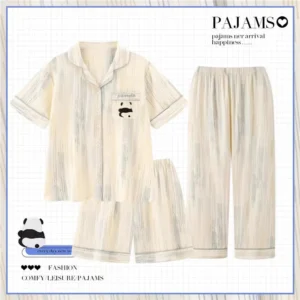 Women's Cotton 3-Piece Pajama Set Minimalist Panda Pattern