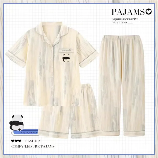 WPCTPM000230-0233-01 Women's Cotton 3-Piece Pajama Set Minimalist Panda Pattern