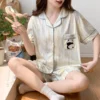 WPCTPM000230-0233-02 Women's Cotton 3-Piece Pajama Set Minimalist Panda Pattern