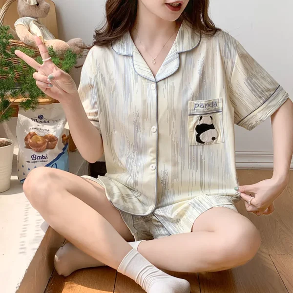 WPCTPM000230-0233-02 Women's Cotton 3-Piece Pajama Set Minimalist Panda Pattern