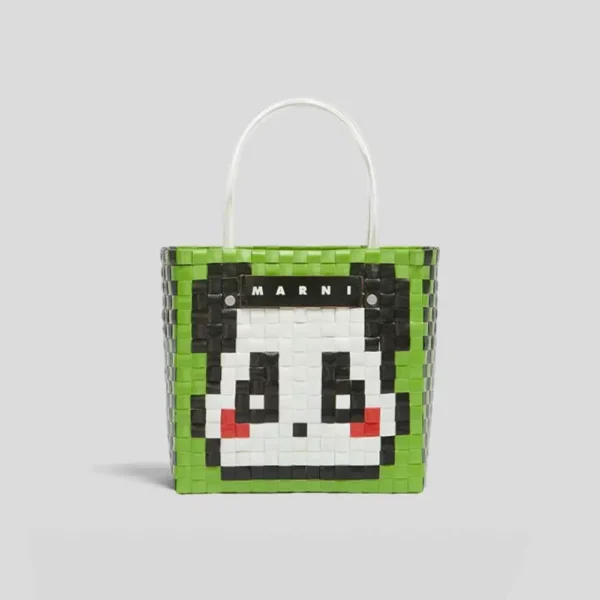 WPBGWB000228-01 Abstract Geometric Cartoon Panda Woven Basket Trendy Tote Bag