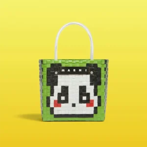 WPBGWB000228 Abstract Geometric Cartoon Panda Woven Basket Trendy Tote Bag