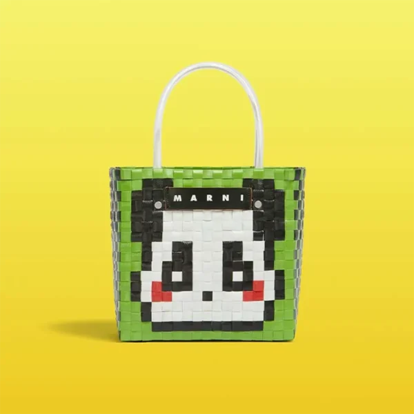 WPBGWB000228 Abstract Geometric Cartoon Panda Woven Basket Trendy Tote Bag