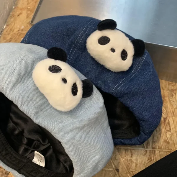 Cute Panda Design Denim Beret for Women Face-Slimming Hat