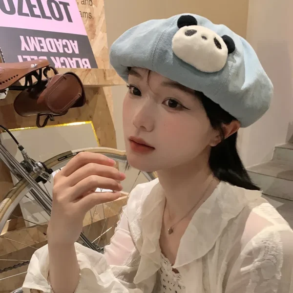 Cute Panda Design Denim Beret for Women Face-Slimming Hat